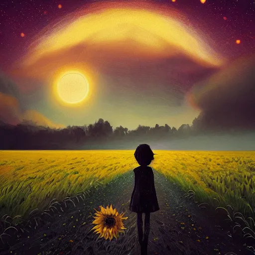 Image similar to giant black sunflower face, girl walking in wheat field, hills, surreal photography, dark night, star trails, dramatic light, impressionist painting, clouds, digital painting, artstation, simon stalenhag