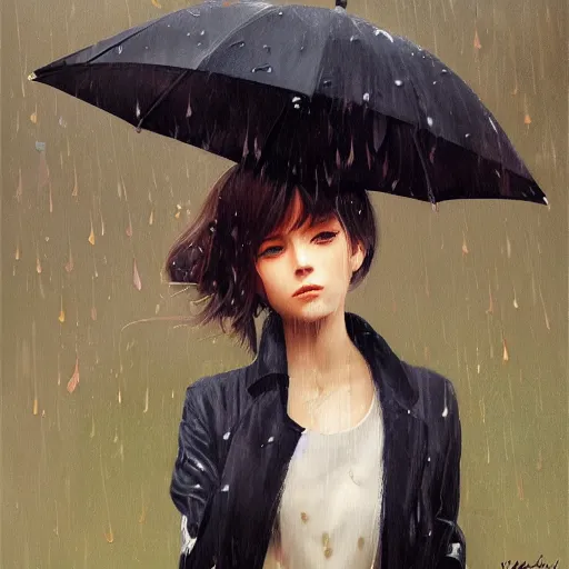 Image similar to A ultradetailed beautiful portrait panting of a stylish girl with an umbrella, rainy day, Oil painting, by Ilya Kuvshinov, Greg Rutkowski and Makoto Shinkai