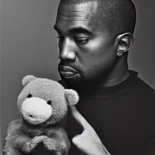 Image similar to Portrait studio photograph of Kanye West holding a anthropomorphic teddy bear, close up, shallow depth of field, in the style of Felice Beato, Noir film still, 40mm