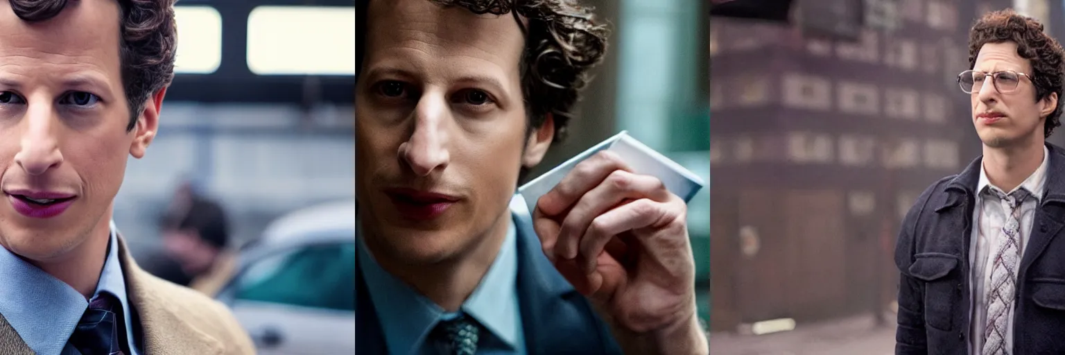 Prompt: close-up of Andy Samberg as a detective in a movie directed by Christopher Nolan, movie still frame, promotional image, imax 70 mm footage