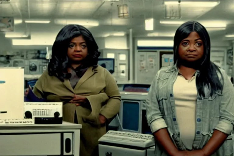 Image similar to cinematic screenshot of octavia spencer in a used electronics store standing in front of an old keyboard, iconic scene from the paranoid sci fi thriller film directed by pt anderson, apartment set in the near future, cinematic shot with anamorphic lenses, color theory, apartment design, leading lines, photorealistic, volumetric lighting, 2 0 2 2 4 k film