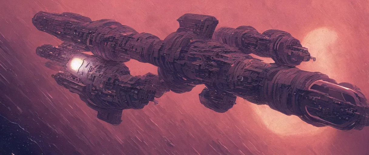 Image similar to concept art, a single spaceship, a ship drifting, deep space exploration, the expanse tv series, industrial design, dynamic angle, motion, spatial phenomena, cinematic lighting, 4k, greebles, widescreen, wide angle, beksinski, sharp and blocky shapes