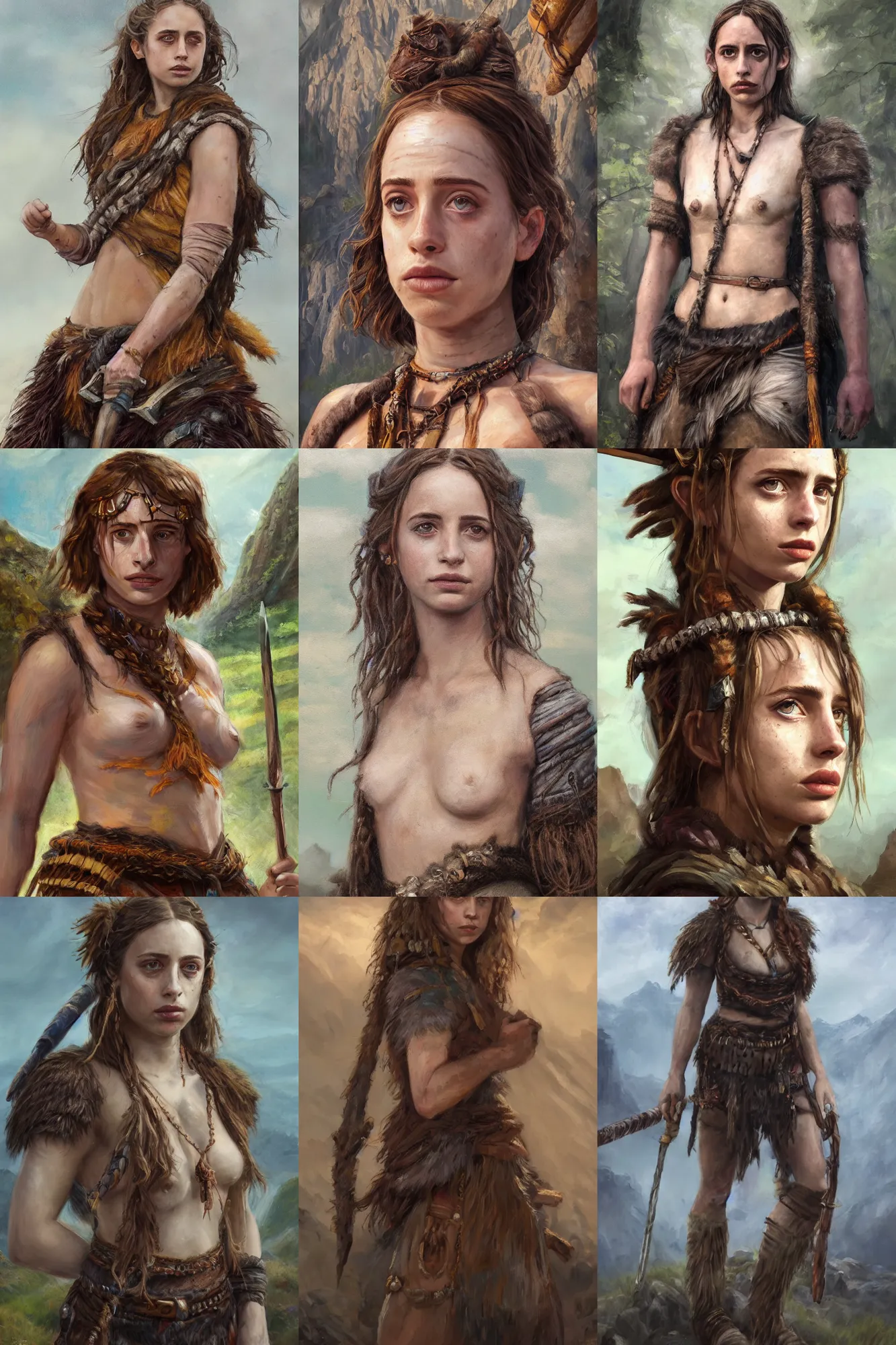 Prompt: a full body high detail fantasy portrait oil painting illustration of maya hawke as a rugged stoic barbarian woman by justin sweet with face and body clearly visible, in a scenic background, pupils visible, realistic proportions, d & d, rpg, forgotten realms, artstation trending, high quality, sombre mood, artstation trending, muted colours, entire person visible!, natural light,