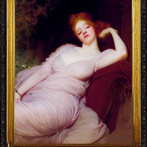 Image similar to blonde beautiful sleeping princess by Franz Xaver Winterhalter and Delphin Enjolras and Rebecca Guay