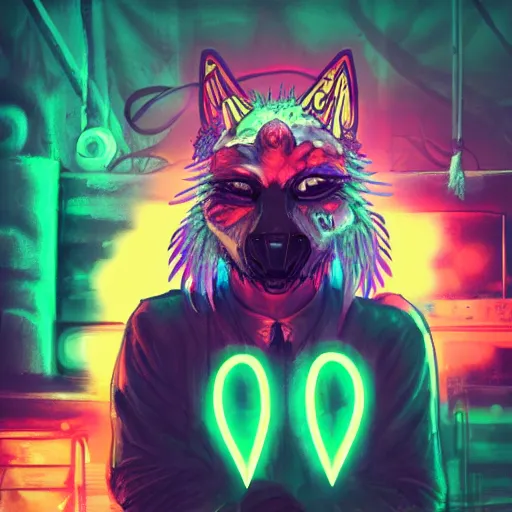 Image similar to wolf headed shaman, meditating, floating, angry, cyberpunk, junkyard, neon glow, electric glow, dark dynamic lighting