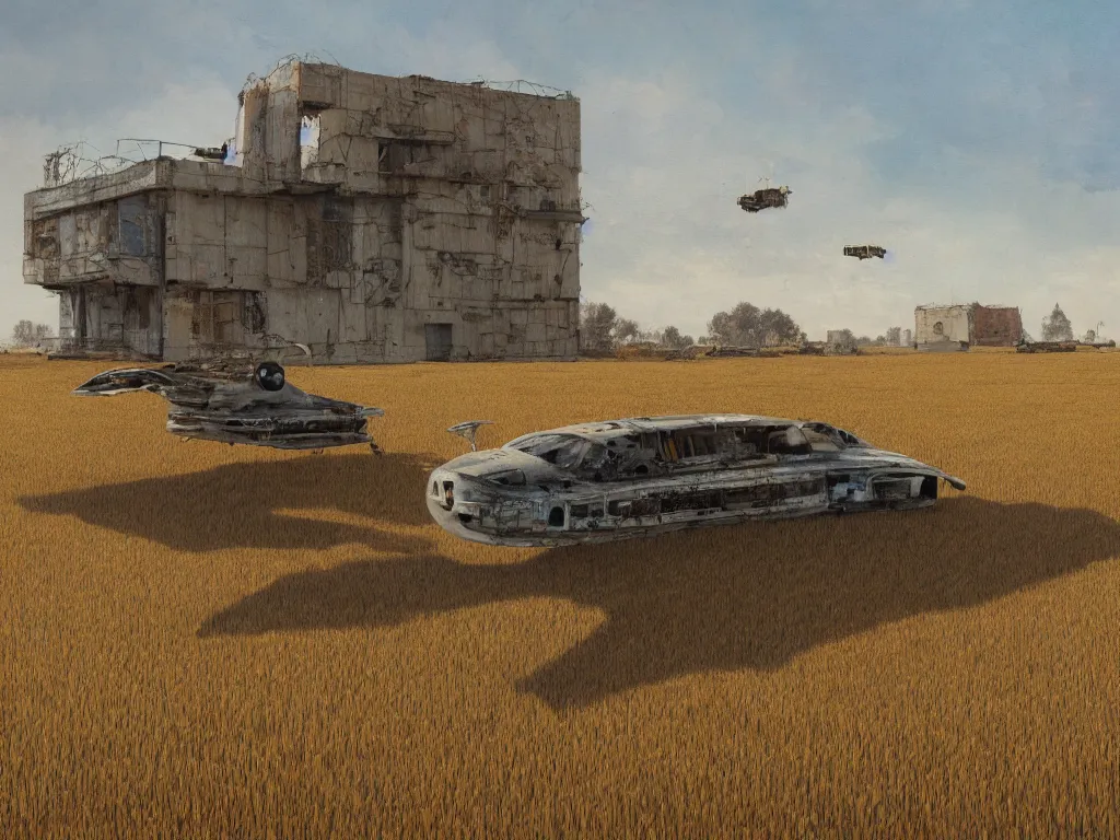 Image similar to A fantastic painting of a dilapidated post-modern building on a wheat field with an abandoned spaceship parked on the roof of the building, by Miles Johnston, Trending on artstation, very detailed