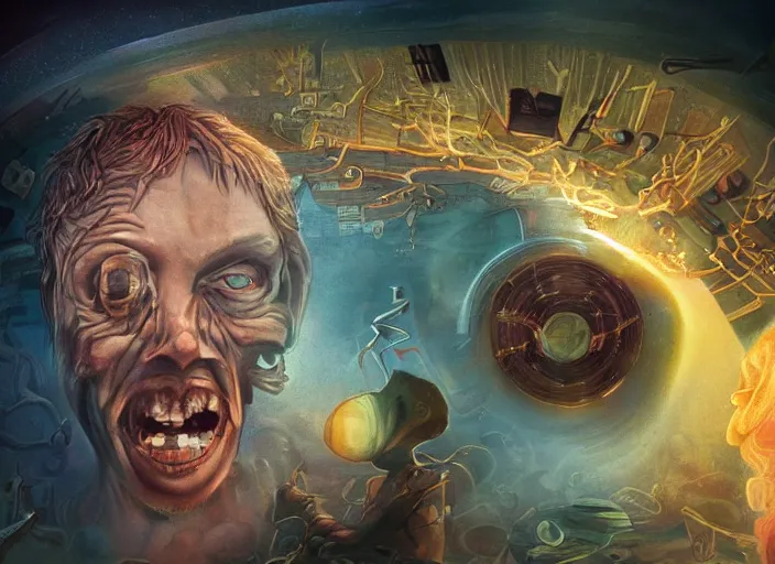 Image similar to an epic concept masterpiece... inside the head of bob lazer