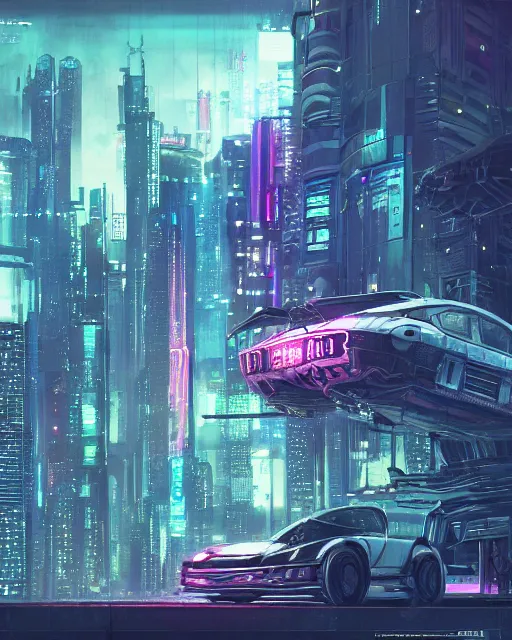 Image similar to cyberpunk vehicle above a city, scifi, futuristic, neon light, highly detailed, concept art, sharp focus, trending on artstation, intricate, atmosphere, raining, art by roman makarenko, dzung phung dinh