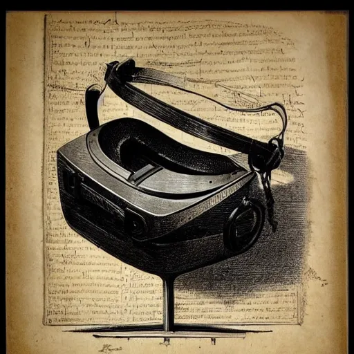 Image similar to Vintage, detailed, sketch of Oculus Rift, with full descriptions, on parchment, as depicted in Leonardo da Vinci's Codex Atlanticus