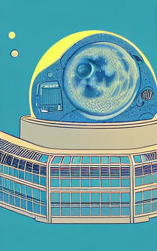 Image similar to a scifi illustration, hyper detailed external view of a lunar colony. cinematic wes anderson composition. flat colors, limited palette in FANTASTIC PLANET La planète sauvage animation by René Laloux