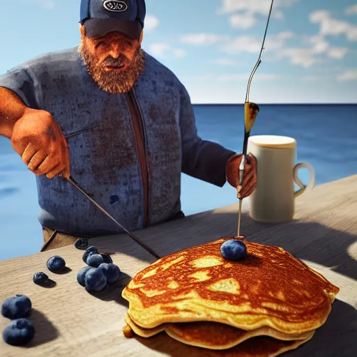 Prompt: A fisherman eating blueberry pancakes. Unreal engine render painted by Jarred Gosh and Bill Hemlin. Detailed trending high quality skilled artisanal artwork. The fisherman looks fierce and poor and the pancakes look delicious.