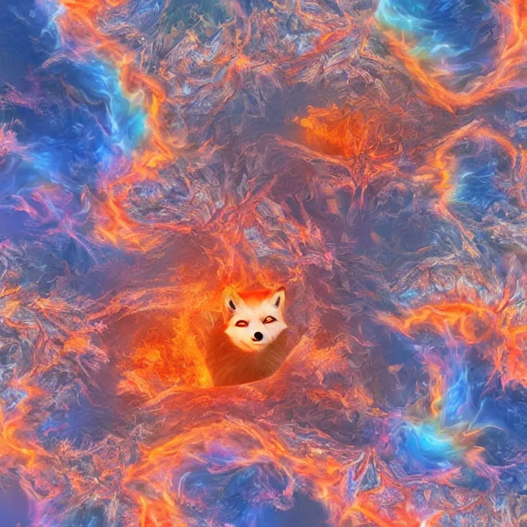 Image similar to surrealistic arctic fox surrounded by fire and ice and destruction in the center of world photorealistic hyperrealistic symmetrical detailed fractal