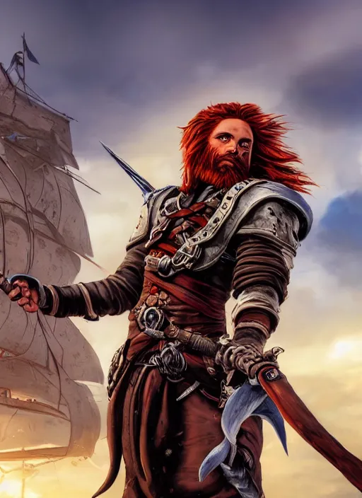 Image similar to An epic fantasy comic book style portrait painting of a long haired, red headed male sky-pirate in front of an sky-ship in the style of the wheel of time, unreal 5, DAZ, hyperrealistic, octane render, cosplay, RPG portrait, dynamic lighting