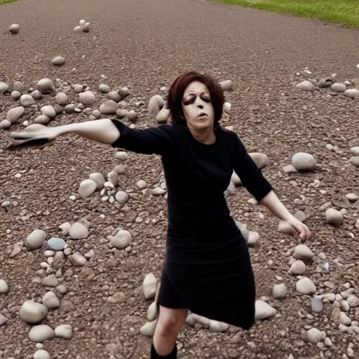 Prompt: morbid woman throwing rocks action sequence