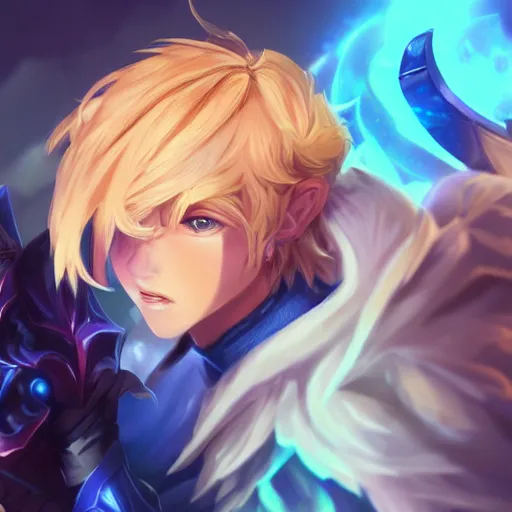 Image similar to league of legends character style of teenager cute boy, blonde hair, blue eyes, shows magic, close up, cinematic light, dark room, detailed, photo, 8K