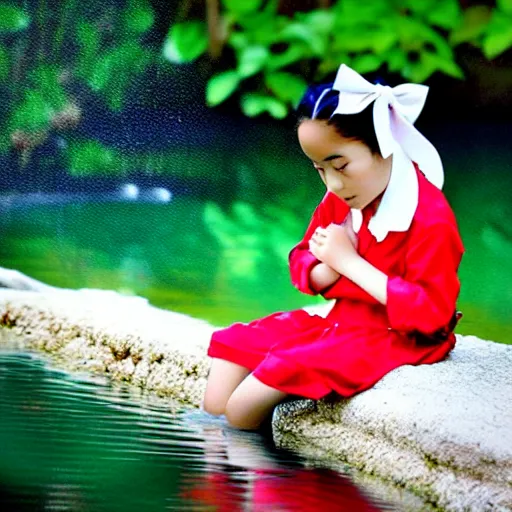 Prompt: 7 years old rina playing with the water, wearing white cloths, and a red bow in her hair, sitting by the side of a creek, in the painting style of comic books, 8 k, detailed, tele photo lens, rule of thirds