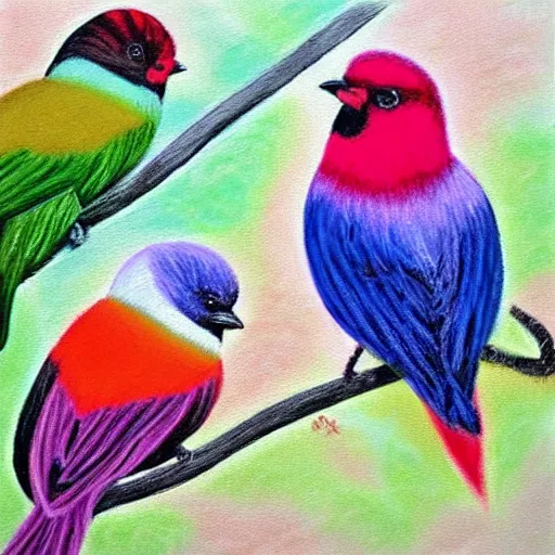 Prompt: pastel painting of colorful birds