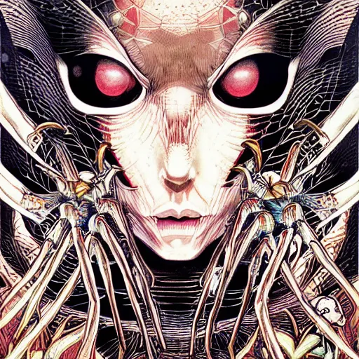 Image similar to portrait of crazy spider girl, symmetrical, by yoichi hatakenaka, masamune shirow, josan gonzales and dan mumford, ayami kojima, takato yamamoto, barclay shaw, karol bak, yukito kishiro