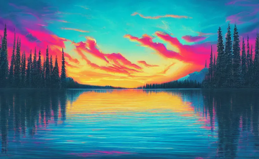 Prompt: beauti ful award winning synthwave painting of a canadian lake, extreme detail, digital art, 4 k, ultra hd