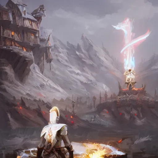 Image similar to a giant white chess bishop statue, battlefield background, bright art masterpiece artstation. 8 k, sharp high quality artwork in style of jose daniel cabrera pena and greg rutkowski, concept art by tooth wu, hearthstone card game artwork, chess piece