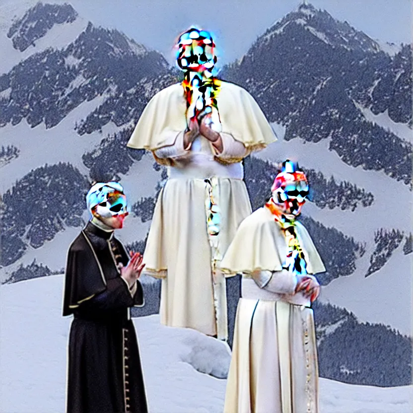 Image similar to pope joseph ratzinger standing on a snowy mountain slope. wearing long white dress. blessing with the hand. detailed cloth, detailed face. concept art. matte painting