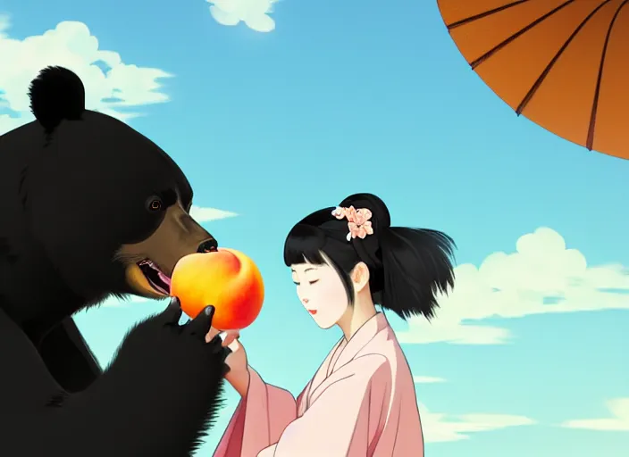 Image similar to digital painting of a girl wearing a kimono giving a peach to a large anthropomorphic asian black bear, featured in artstation, artgerm, octane render, award winning, cinematic, elegant, intricate, 8 k, close up, in the style of studio ghibli and heikala and alphonse mucha,