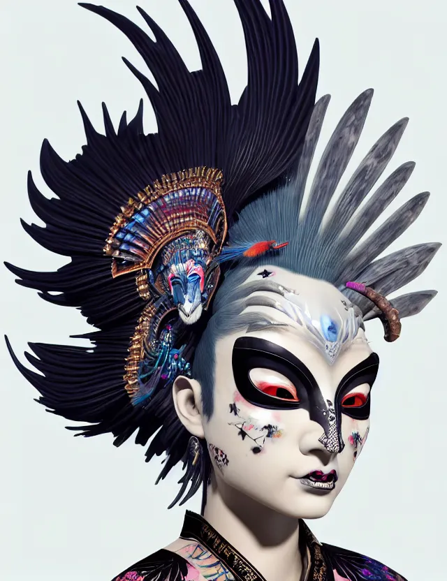 Image similar to 3 d goddess close - up profile portrait punk with mohawk with ram skull. beautiful intricately detailed japanese crow kitsune mask and clasical japanese kimono. betta fish, jellyfish phoenix, bio luminescent, plasma, ice, water, wind, creature, artwork by tooth wu and wlop and beeple and greg rutkowski