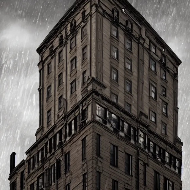 Image similar to action scene painting of a 1 9 2 0 s gothic style hotel in downtown boston, overlooking a dark street, architectural, atmospheric lighting, brooding, painted, intricate, ultra detailed, well composed, best on artstation, cgsociety, epic, stunning, gorgeous, intricate detail, much wow, masterpiece, cinematic aesthetic octane render, 8 k hd resolution,