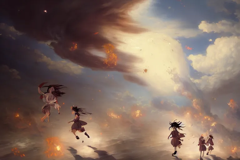 Image similar to baroque oil painting of anime key visual concept art of anime maids running away from the hindenburg disaster, smoke debris, grimdark steampunk fantasy, pleasant battlefield, trending on artstation, brush strokes, oil on canvas, style of makoto shinkai and greg rutkowski and studio ghibli