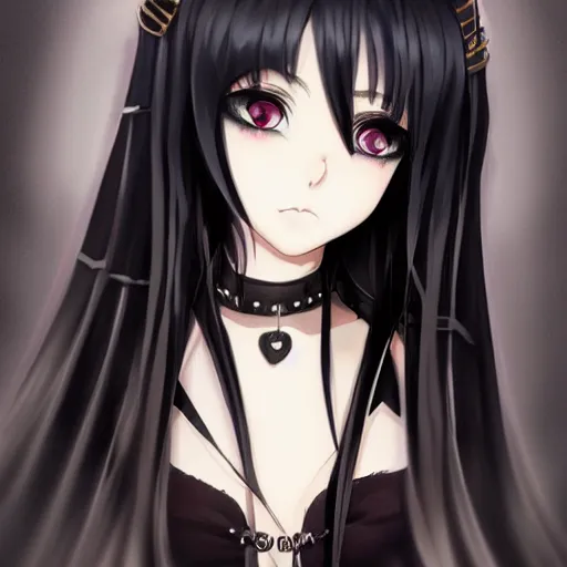 Prompt: headshot of a young gothic anime woman with black hair and golden highlights, wearing a black necklace and with pretty makeup, drawn by WLOP, by Avetetsuya Studios, anime drawing, trending on artstation