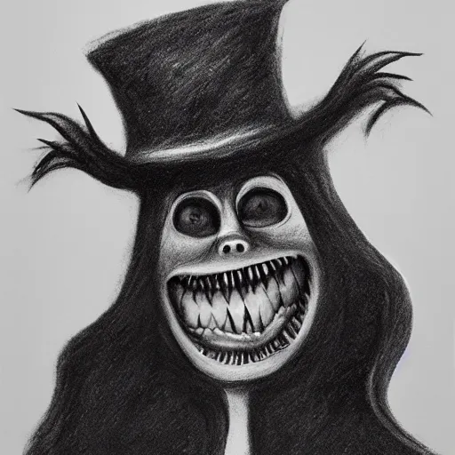 Image similar to horrifying charcoal drawing of the babadook