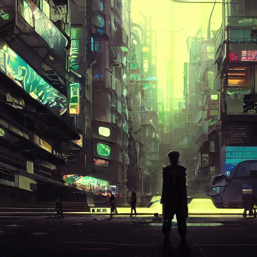 Image similar to a japanese cyberpunk android hacker, finely detailed features, cyborg robot parts with glowing lights!, dramatic cinematic, night, at cyberpunk city, ghost in the shell, akira, noir, painted by greg rutkowski makoto shinkai takashi takeuchi craig mullins, alphonse mucha, studio ghibli, pixiv