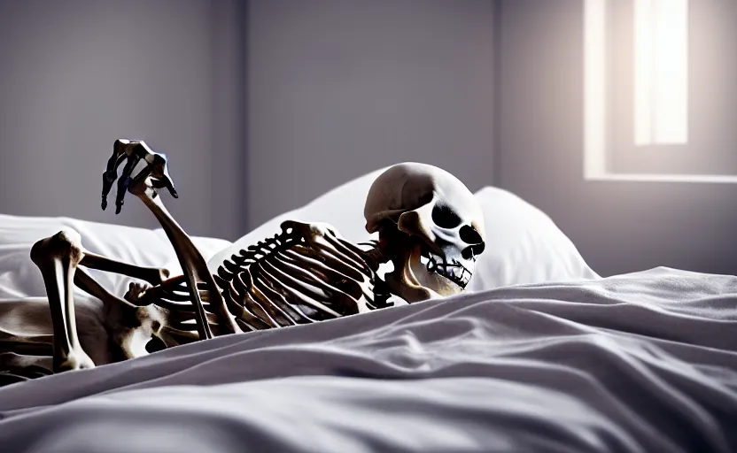 Image similar to matte oil painting of a skeleton dressed in pajamas inside of a comfy bedroom, extremely detailed, sleepy, cozy, 4 k, 8 k,