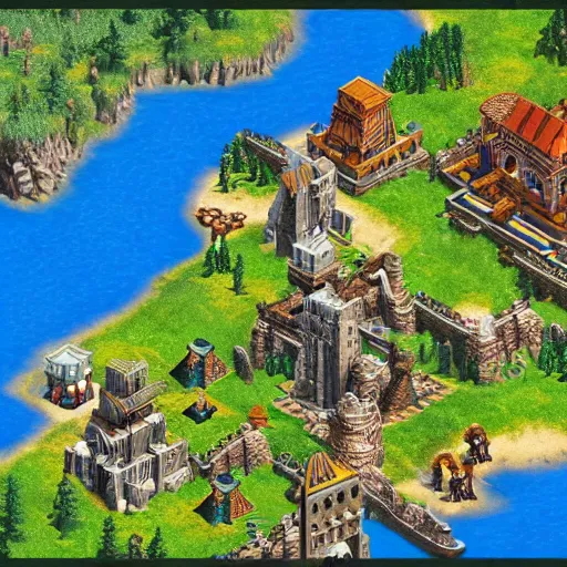 Prompt: isometric map of age of empires video game website , procedural, Travian, AOE2 , civilization, river, forest, cave, mountain, woods, hills, buildings, Insane Details, Digital Art, Epic Atmosphere, Extremely Detailed, aztecs