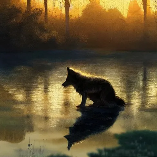 Prompt: A wolf sitting alone in a pond, golden sunlight, evening, beautiful, sad, artstation greg rutkowski