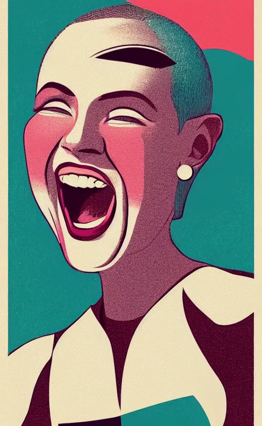 Image similar to illustration portrait of a woman with white buzzcut laughing out loud, art deco painting by tom whalen, by tomer hanukam funny meme photo, trending on behance, digital illustration, storybook illustration, grainy texture, flat shading, vector art, airbrush, pastel, watercolor, poster