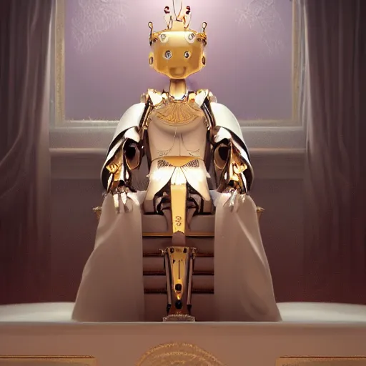 Prompt: Majestic picture of a humanoid robot wearing a kings robe, sitting on a throne, artstation