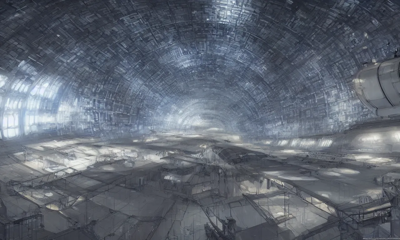 Huge space hangar. Dramatic, cinematic, high quality,, Stable Diffusion