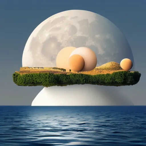 Prompt: floating island containing a city over the ocean with two moons in the background