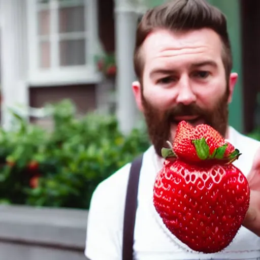 Prompt: a man dressed as a strawberry