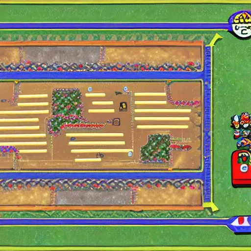 Prompt: top down view of Nintendo Mario kart double dash custom racetrack map. Western dustbowl themed custom rootin tootin wild west map.