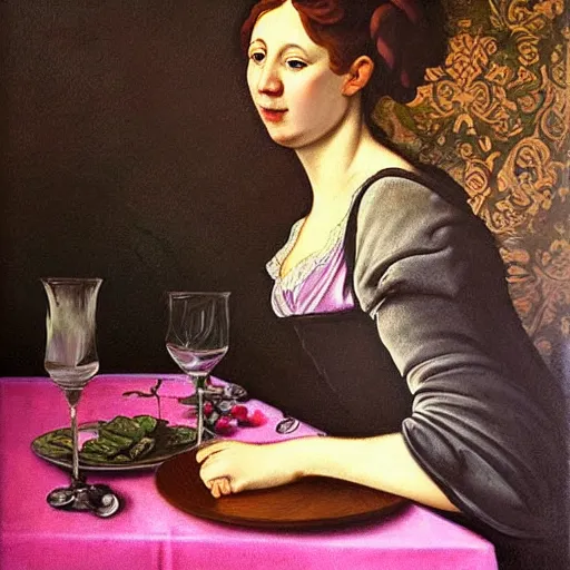 Prompt: portrait at the table. art nouveau rococo in the style of caravaggio. hd 8 x matte background in vibrant vivid pastel colour textures