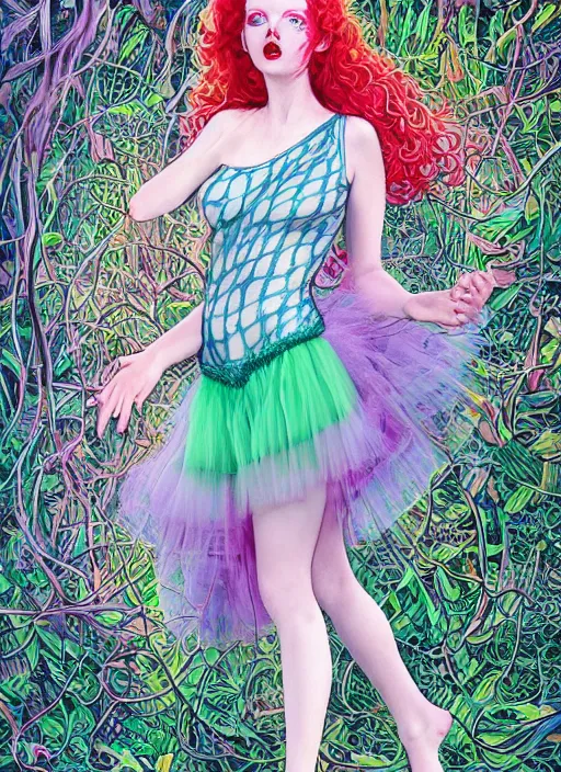 Image similar to surrealism psychedelic full body portrait sketch of lily cole as delirium of the endless in fishnet top and tutu skirt from the sandman, by alex ross, josh kirby, detailed, elegant, intricate