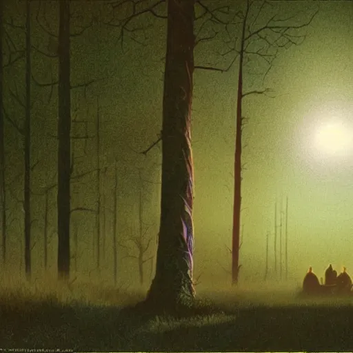 Image similar to stand by me, movie still, river phoenix looking at a ufo, night time forest with a ufo sitting in the fog, scary, matte detailed photo, DeviantArt, Artstation, by donato giancola, ralph horley, loish, ufo lighting