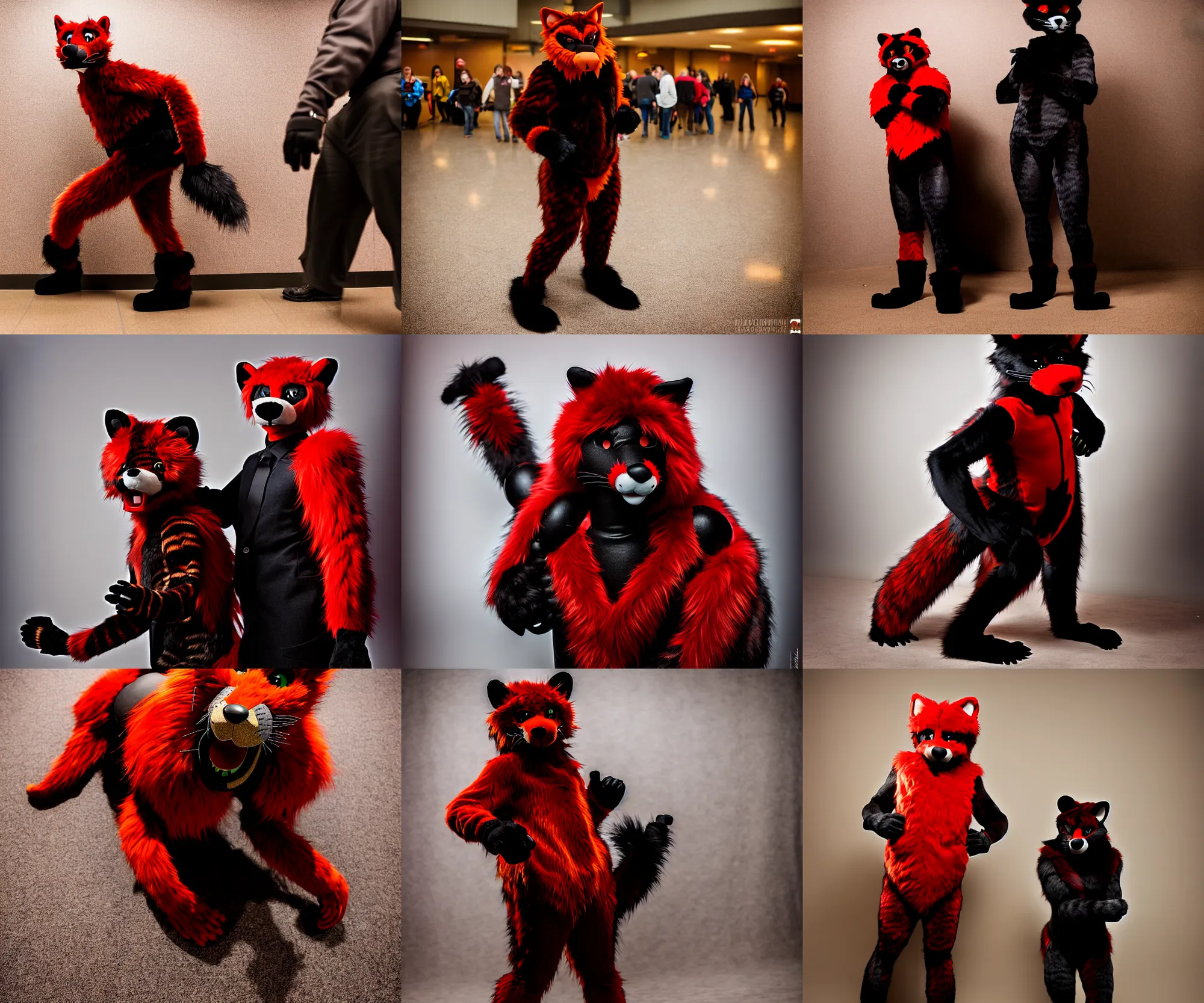 Image similar to fullbody photoshoot photo portrait of a roguish male red - black furred bipedal weasel furry fursona / fursuiter, photorealistic, taken at midwest furfest