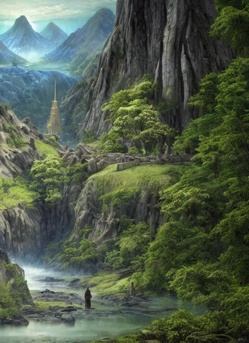 Image similar to a hooded monk in lord of the rings scenery landscape, huge buddhist temple on a mountain in the distance, river, lush valley, cosmic, god's rays, highly detailed, vivid color, cinematic lighting, perfect composition, 8 k, gustave dore, derek zabrocki, greg rutkowski, belsinski, octane render