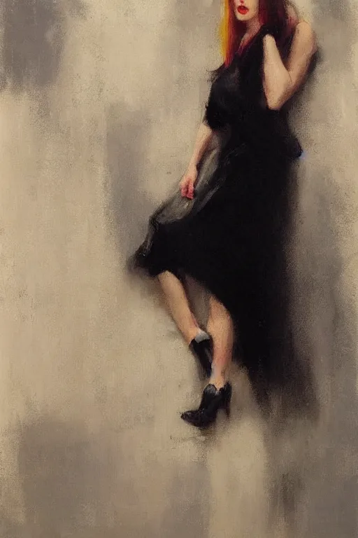 Image similar to Richard Schmid and Jeremy Lipking full length portrait painting of film noir femme fatale