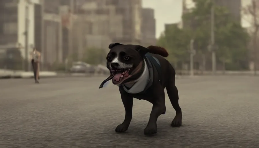 Prompt: a crazy dog in a suit going to work, artstation, cinematic, establishing shot