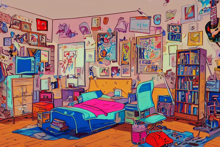 Image similar to a room of an american teen, graffiti and posters on the wall, bed, guitar, bookshelves, toys, bright, 8 0 s style, nostalgic, the sun shines in, warm, cozy, isometric art, bright, artstation, highly detailed, cinematic lighting + masterpiece