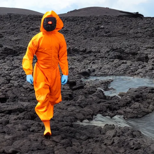 Prompt: man in hazmat suit swimming in lava